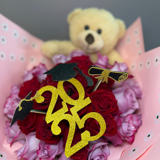 Graduation with Small Teddy Bear Bouquet